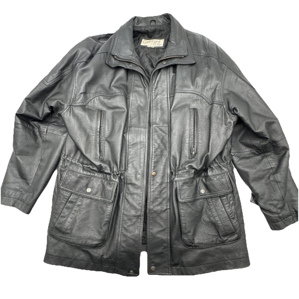 Vintage Leather COMINT Men's L Coat 7 Pockets Mid-Length Coat Y2K Biker Gothic